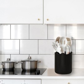 Haliwurry Large Utensil Holder for Kitchen Counter, Ceramic Kitchen Utensil Crock with Protection Cork Mat, Modern Cooking Tools Organizer for Countertop, Black