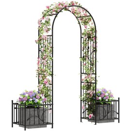 DWVO Metal Garden Arbor with Planter Boxes, 86" H Outdoor Lawn Arch for Climbing Plants, Roses, Vines, Wedding Archway Party Decor for Lawn, Patio, Backyard