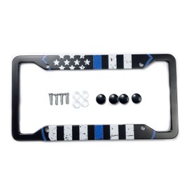 Blue Lives Matter USA Flag License Plate Frame Aluminum Composite Tie Flag Themed License Plate Frame Blue Shield Support Law Enforcement Auto Car Truck Tag Holder for US Standard