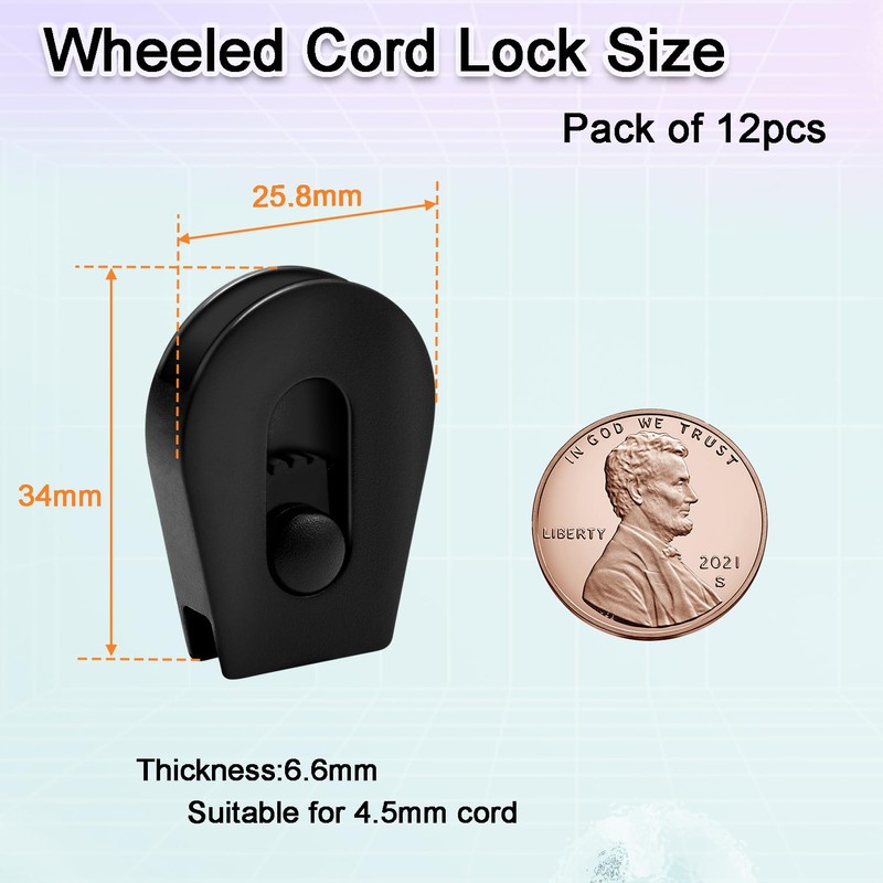 12 PCS Plastic Wheeled Cord Locks for Drawstring, Bungee E
