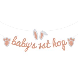 Baby's 1st Hop Banner, Welcome Spring Baby, Easter Baby Shower Decoration, Easter Banner for Baby's Birthday, Bunny Theme Baby 1st Birthday Party Decorations Rose Gold Glitter