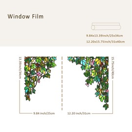 funlife Original Hand-Drawn Stained Glass Window Film, Double-Sided Static Cling Window Cling, Non-Adhesive Reusable Glass Windows Corner Film Decor for Window Glass Door, Vine and Bird, Medium