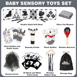 Joyreal Baby Sensory Toys, 13 Pcs Black and White Sensory Toys 0-6 Months, Foil Blanket, Sensory Cards, Baby Rattles, Ribbon Ring, Scarf, Maracas, Newborn Toys Baby Sensory Box Gifts
