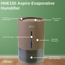 HHE150 Hunter Aspire 4.8L Evaporative Humidifier with PermaWick Filter (4.8L) - Remove Contaminants & White Dust for Clean Mist & Air – Medium Humidifier for Home, Bedroom, or Dorm - White