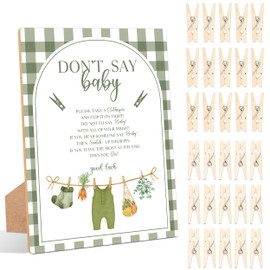 Locally Grown Don't Say Baby Clothespin Game, Pack of 1 Wooden Tabletop Sign with Stand and 50 Mini Natural Clothespins, Farmers Market Shower Game, Gender Reveal Party Decorations - FN06