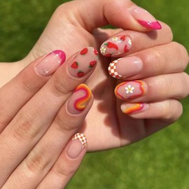 24Pcs Almond Press on Nails with Design, Spring Summer Fake Nails Cute Chili Strawberry Flowers False Nails Glossy French Tip Glue on Nails Pink Orange Plaid Nail Tips Acrylic Nails for Women Girls
