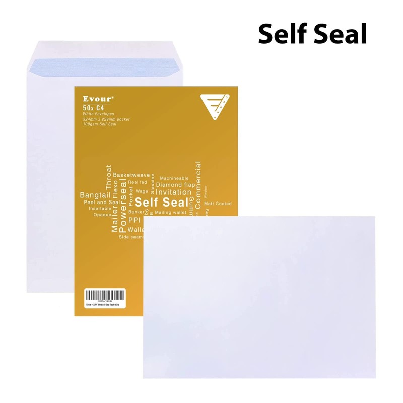 Evour, A4 / C4 Self Seal White Pocket Envelopes, Letter