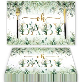 50 Pack Oh Baby Shower Party Paper Placemats, 11x17 Inch Disposable Baby Shower Place Settings with Green Leaves Design, Perfect for Party Decorations Celebrations