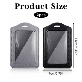 2Pcs Genuine Leather ID Badge Holders, Vertical ID Card Holders, Leather Badge Holder with Single Side Clear Window, Waterproof Name Badge Holder for Students, Staff, Office, Employees(Black&Grey)