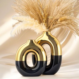 Black and Gold Ceramic Vase Set Home Decor,Round Donut Vase for Pampas Grass for Shelf Decor Home,Nordic Modern Oval for Bookshelf,FireplaceMantle,Centerpieces,Farmhouse,Rustic Décor