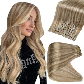 Full Shine Seamless Clip in Hair Extensions Blonde Highlights 12 Inch Human Hair Clip in Extensions Straight Hair Color 16P22 Soft Hair Blonde Clip in Hair Extensions Full Head 8 Pcs 80 Gram