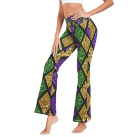 Yasala Mardi Gras Cross Waist Flare Gym Leggings for Women Fleur De Lis Glitter Zigzag Pilates Dance Pants Lightweight Bottoms Bootcut Wide Leg Fat Tuesday Fashion Trousers, L
