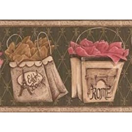 CONCORD WALLCOVERINGS ™ Wallpaper Border Vintage Pattern Gift Bags for Bedroom Wardrobe Fitting Room, Brown Green Red Beige, 15 ft by 9 in KM7723B