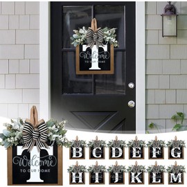 Last Name All Year Wreath Front Door Wreath,Front Porch Decoration 26 Letter Welcome Wreath, Eucalyptus and Bow Wreath for Spring, Summer, Autumn, Winter, Wall Window, Porch Farmhouse Decoration（T）