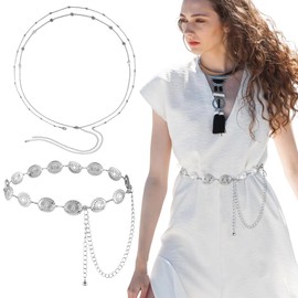 REYOK Western Metal Concho Belt, Adjustable Metal Waist Chain, for Dresses, Jeans, Western Cowgirl Waist Left Belt, Oval Metal Concho Belt, Metal