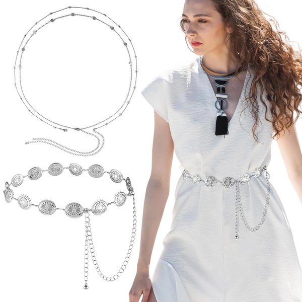 REYOK Western Metal Concho Belt, Adjustable Metal Waist Chain, for