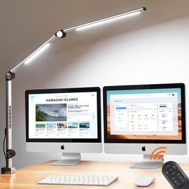 LIFENGSOLER 24W Bright LED Desk Lamp with Clamp, CRI>97 Eye Care Architect Desk Lamp for Home Office with Remote, 5 Color Modes & 5 Brightness, Flexible Swing Arm Desk Lights for Work Reading Study