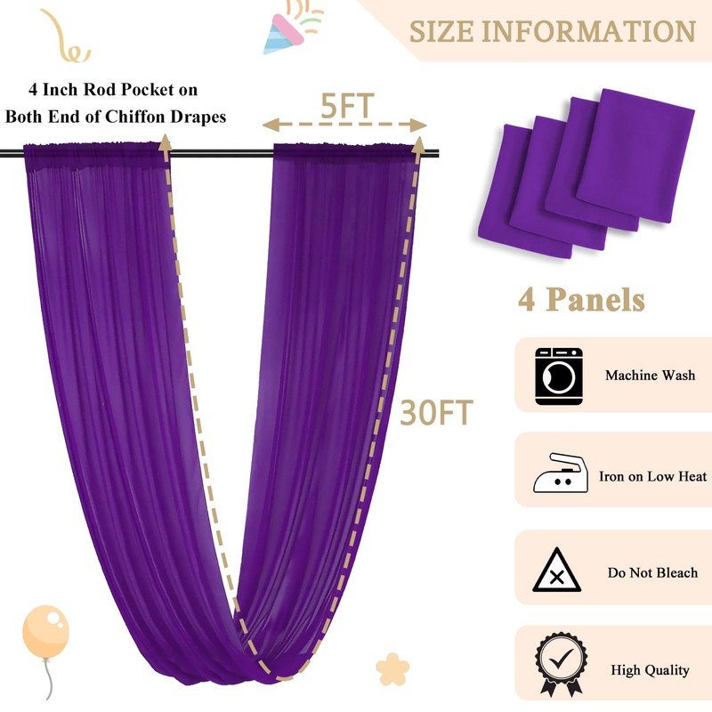 MODFUNS Royal Purple Ceiling Drapes Sheer Chiffon Draping Fabric 5x30ft