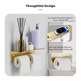Double Toilet Paper Holder with Shelf, FreshGlow Tissue Holder Brushed Gold, Wall Mount Commercial Toilet Paper Dispenser Phone Shelf Stainless Steel, Tissue Roll for Bathroom