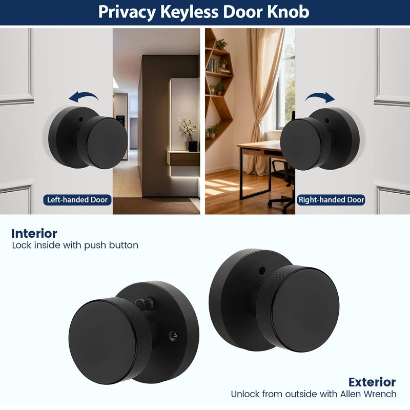Orger Matte Black Privacy Door Knobs Interior, Zinc Alloy Keyless