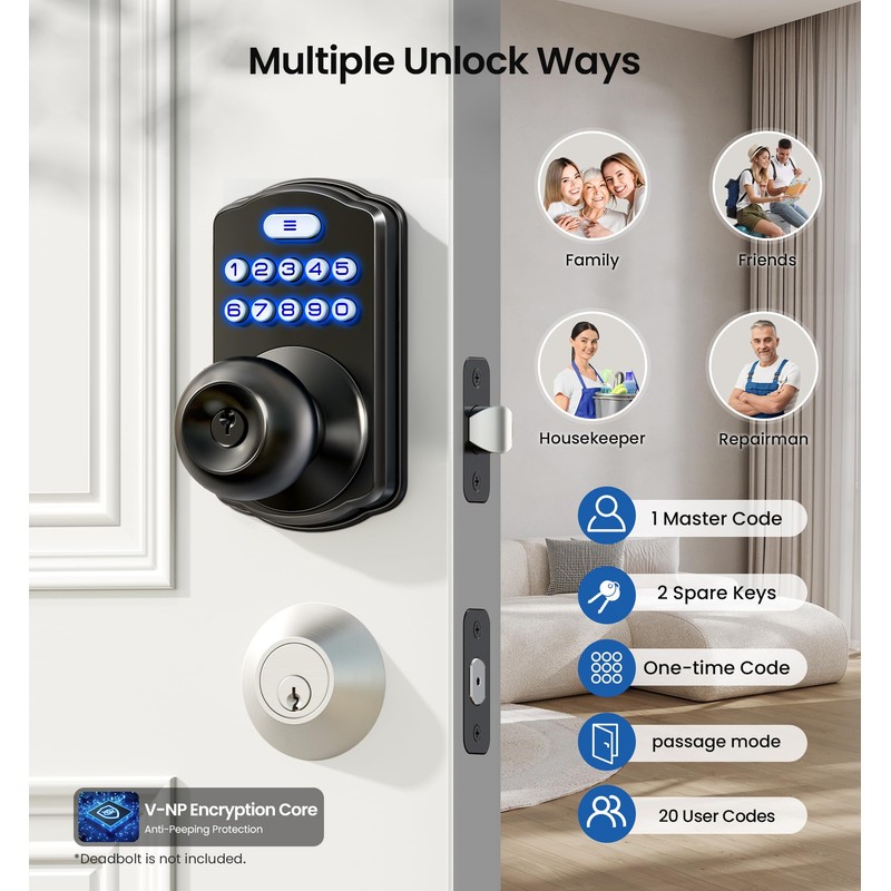 Veise Keypad Door Knob Lock, Keyless Entry Digital Lock with