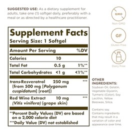 Solgar Resveratrol 250 mg with Red Wine Extract - 30 Softgels - Antioxidant Support - Non-GMO, Gluten Free, Dairy Free - 30 Servings