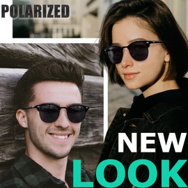 Joopin Semi Rimless All Black Sunglasses Polarized UV Protection Browline Shades for Men Women Horn Rimmed Sun Glasses