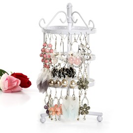 Rotating 3 Layer Earrings Display, 72 Holes Rotating Earring Organiser Display Stand Metal Jewellery Holder (White)