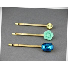 Perfect Hairstyle with Our Hair Accessories - Teal Flower Crystal Gold 3 Bobby Bobbi Hair Pins Barrette Set Turquoise Fashionable Hair Accessory Hair Jewelry Accessories for Lady Women