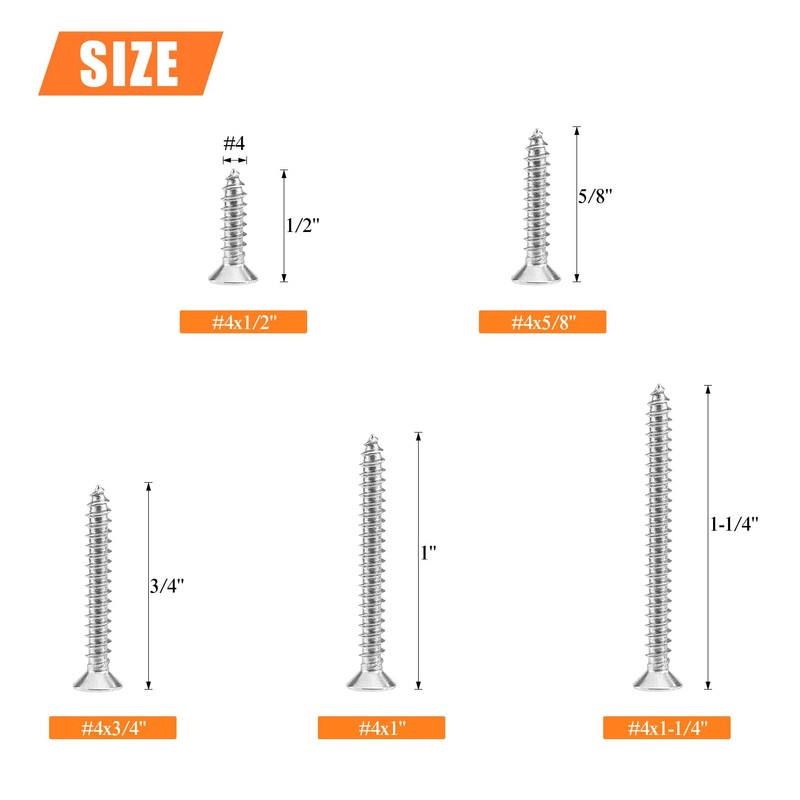#4 x 1/2" 5/8" 3/4" 1" 1-1/4" Wood Screws Set,