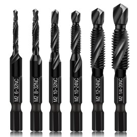Upgraded 6-Pack Combination Drill & Taps Bit Set SAE - 6542 M2 HSS Steel with Anti-Rust Black Coating, 6-32NC 8-32NC 10-32NC 10-24NC 12-24NC 1/4-20NC Drill Tap Countersink Bits, 1/4” Hex Shank