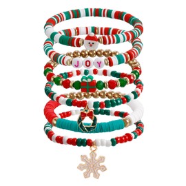 6 Pcs Christmas Bracelets Set for Women Girls, Christmas Stretch Bead Bracelets with Charms Xmas Stackable Beaded Bracelet Christmas Clay Bead Bracelets for Mum Daughter Sister Friends Xmas Gifts