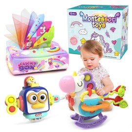Montessori Toys for Babies 12 Months,Sensory Toys for Toddlers 1-3, 3 in 1 Activities Busy Cube,Pull String Teether and Baby Tissue Box Toy,Infant Toddlers Toy Gifts for 1 2 3 Year Old Boys Girls