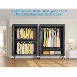 VIPEK R2C Heavy Duty Rolling Garment Rack with Cover, Portable Closets with Double Rods & Lockable Wheels, Covered Clothing Rack for Hanging Clothes, Black Rack with Black Upgarded Polyester Cover