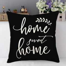 Asminifor Home Sweet Home Quotes Words Throw Pillow Covers Cotton Linen Decorative Black Background Leaves Pillow Case Home Sofa Couch Decor Square 18x18 Inches Pillowcase