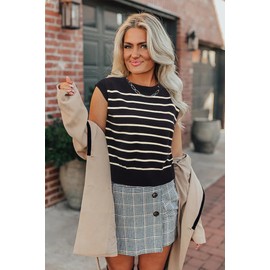 Arach&Cloz Womens Summer Tops 2024 Business Casual Outfits Work Dressy Blouse Cute Fashion Cap Short Sleeve Crew Neck Striped Knit Sleeveless Fall Sweater Vest Black