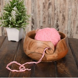 Samhita Acacia Wood Wooden Yarn Bowl for Crocheting & Knitting Hand Made by Indian Artisans Birthday Gifts for Mom & Knitting Lovers (15.24cm x 15.24cm x 7.62cm)