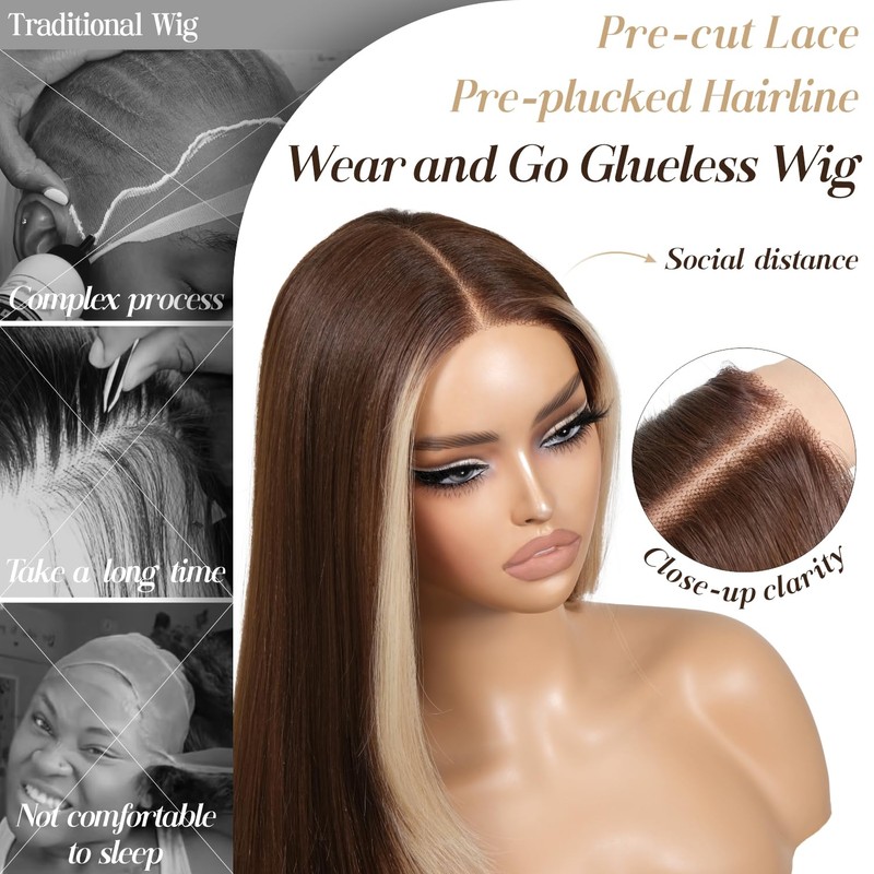 ENCOUNTERU Glueless Wig Wear and Go Brown Wig with Highlight