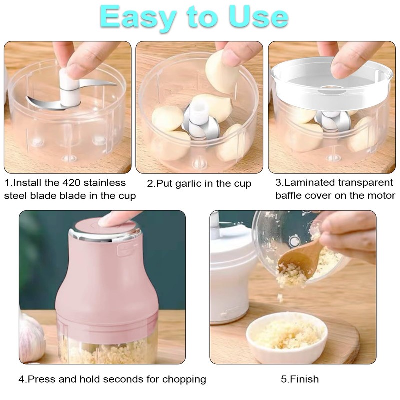 Vegetable Chopper, Electric Garlic Chopper, 250ML USB Rechargeable Mini Blender,