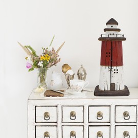 Aecipl Nautical Decor Wooden Lighthouse Beach Themed Ornaments Coastal Ocean Decoration Decorative Wood Light HouseTable Centerpiece Tower Lights Figurine for Shelf Fireplace Tabletop (Blue + Red L)