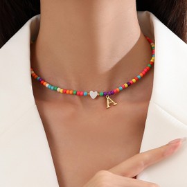 Initial Necklace for Women Letter Necklace Dainty Boho Rainbow Beaded A-Z Letter Alphabet Pendant Jewelry Summer Dress Accessories Birthday Gifts