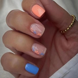 Press on Nails Short Square Fake Nails Blue Nails Press ons Glossy Glue on Nails Spring Acrylic Nails Orange False Nails with Flower Designs Cute Stick on Nails for Women 24Pcs