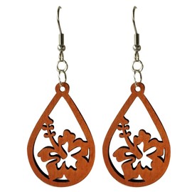 45mm Natural Wood Carved Teardrop Tear Drop Rain Drop Shape With Hibiscus Hawaii Dangle Dangling Hypoallergenic Surgical Steel Hook Earrings