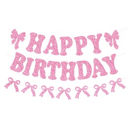 Bow Happy Birthday Banner, Glitter Happy Birthday Banner Bow Garland Party Decorations for Girls Women Party Decor