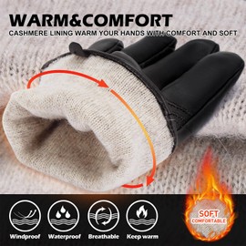 BISON DENIM Men's Leather Gloves, Warm Cashmere Lining, Windproof Gloves, Touchscreen Function, Pure Black