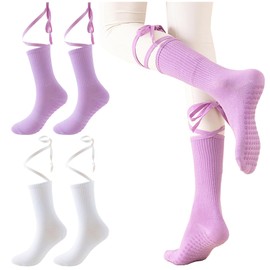 BANLMEYD Pilates Socks, Yoga Socks for Women Non Slip, 2 Pairs, Purple White, Breathable Cotton for Ballet, Dance, Workout, Fitness, Running