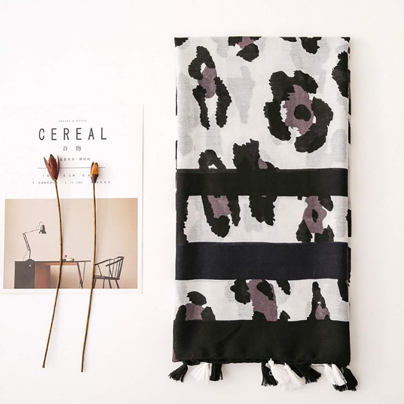 WHITE FANG MA039 Women's Stole Scarf, Cotton, Linen, Leopard Pattern,