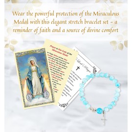Miraculous Medal Bracelet with Miraculous Medal Prayer Card, The Lord's Prayer Card | Stretch Light Blue Miraculous Bracelet with Crucifix | Miraculous Medal Bracelet For Women Set, 3 Items