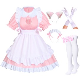 Anime French Cat Maid Apron Fancy Dress Cosplay Costume Headwear Gloves Socks Set(Pink XL)