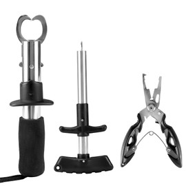 QWORK® 3 Piece Fishing Tool Set, Stainless Steel Fishing Pliers, Fish Gripper, Hook Remover with EVA Handle, for Freshwater Saltwater Fishing